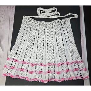 Vintage Half Apron White and Pink Handmade Crocheted 19 in Long